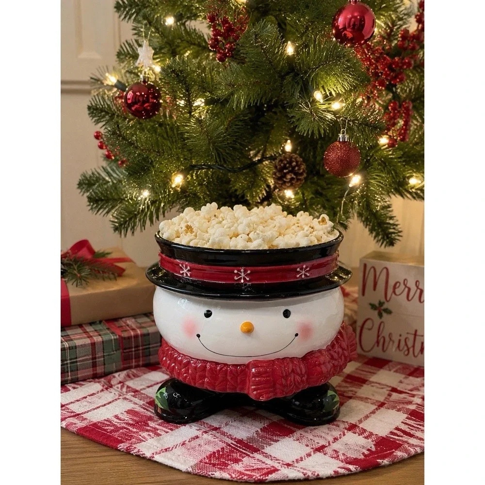 Home Accents Snowman Popcorn Or Candy Bowl Planter Centerpiece Ceramic Christmas
